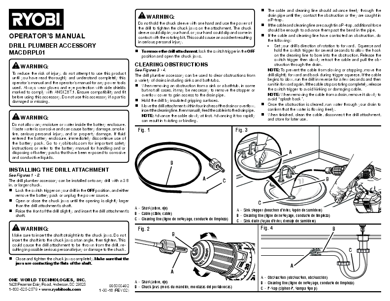 DRILL PLUMBER 4-1/2 FT. DRAIN UNCLOGGING TOOL - RYOBI Tools