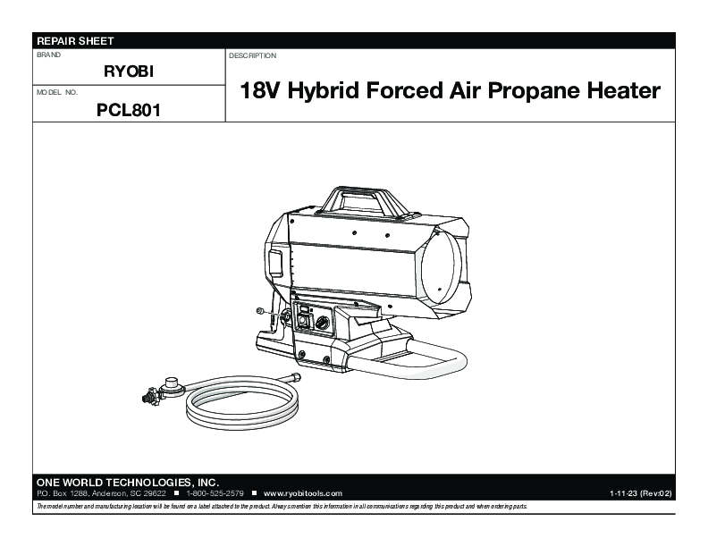 RYOBI Hybrid Forced Air Propane Heater ONE+ 18V Cordless w/ 15' Hose +  Regulator 33287208715