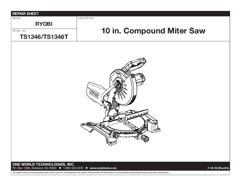 Ryobi 10 in. Compound Miter Saw with10 IN. LED TS1346 (renewed) 